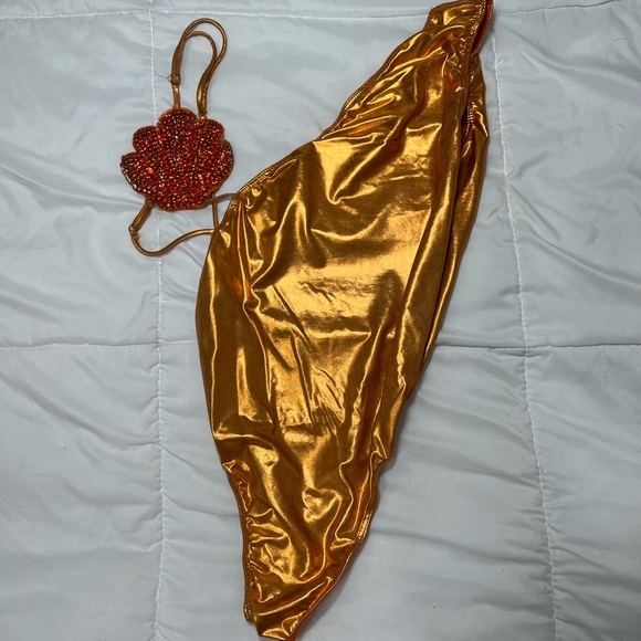 Diva Boutique Seashell Rhinestones Metallic Swimsuit Orange - Picture 2 of 5